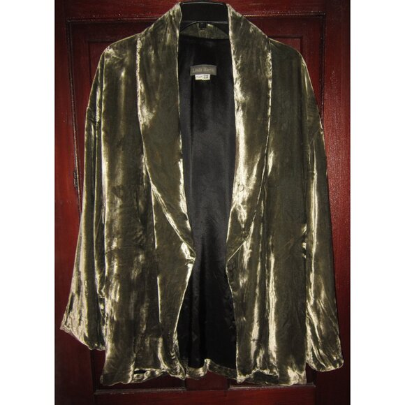 Linda Harris OS M L XL Open Silk Velvet Jacket Coat Cardigan Shawl Pockets Green - Picture 1 of 4